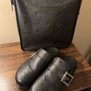 Authentic MCM Black Embossed Bag and Clogs Set